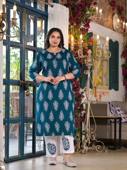 Women Plus Size Teal Green Viscose Rayon Kurta Set With Dupatta